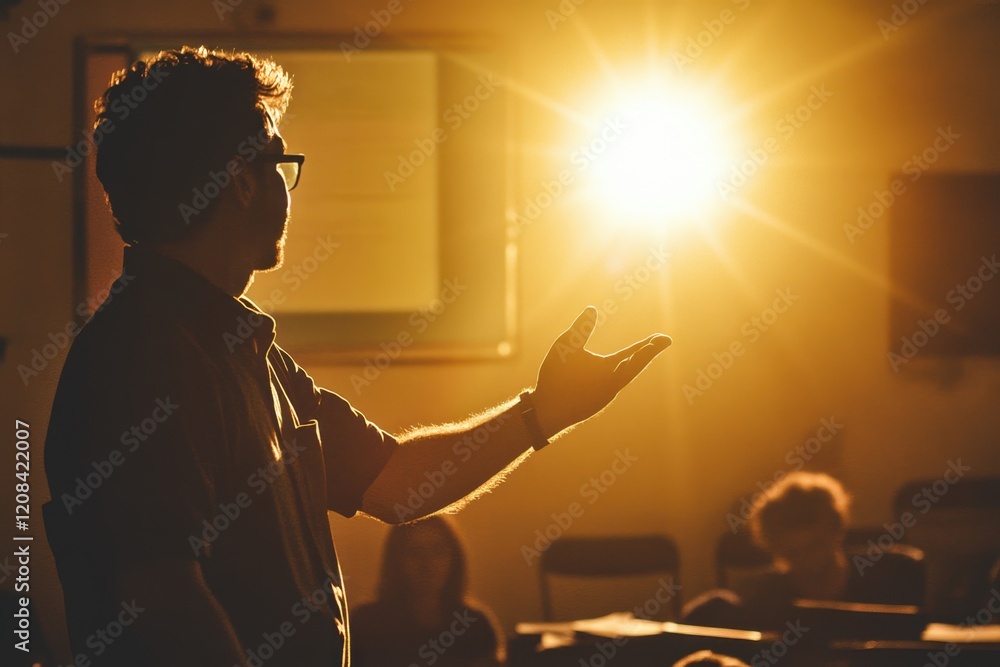 Poster person gestures while speaking in front of a sunlit window during a discussion session