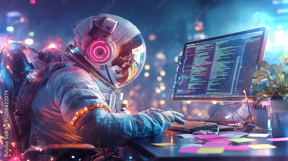 Poster astronaut typing code at a workstation surrounded by colorful lights and technology