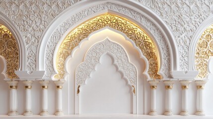 Illuminated Islamic arches, ornate wall, palace interior, background design, website template