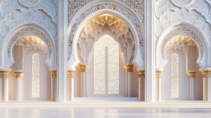 Fototapeta premium Illuminated Moroccan archway, palace interior, festive background, design template