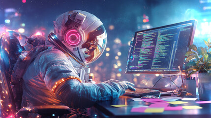 Astronaut typing code at a workstation surrounded by colorful lights and technology
