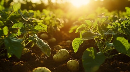Close-up of a potato field with fresh potatoes lying on the soil
