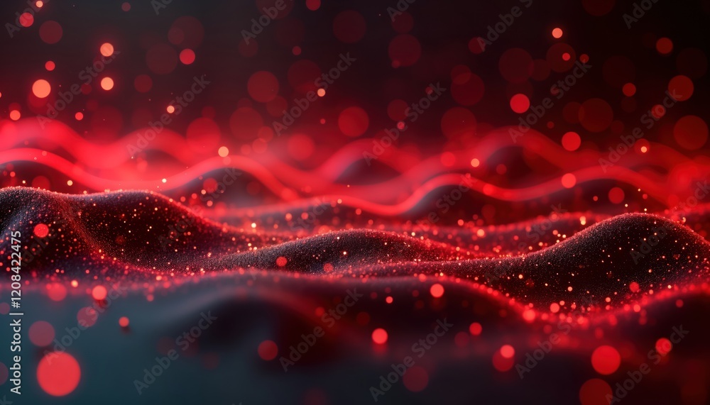 Poster abstract red tech background with dark areas, shimmering particles. red glowing lines, scattered lig