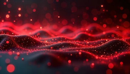 Abstract red tech background with dark areas, shimmering particles. Red glowing lines, scattered light creates futuristic, dynamic scene. Dynamic red light pattern. Intricate texture. Modern design