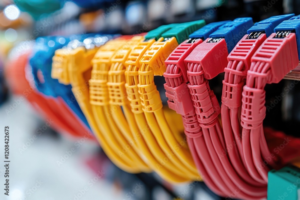 Poster a bundle of colorful cables stored on a rack