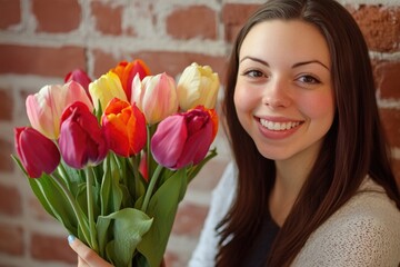 Fototapeta premium A woman holds a bouquet of flowers in front of a brick wall, simple and elegant scene