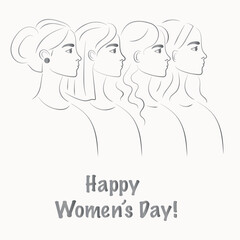 Four girls of different nationalities. International Women's Day. Black and white illustration.