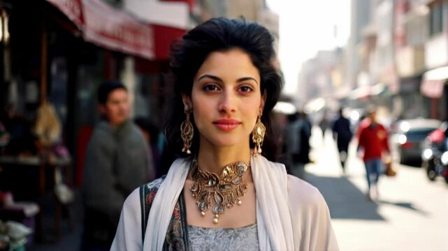 Very attractive elegant sophisticated young middle eastern woman walking in a middle eastern city looking at the camera