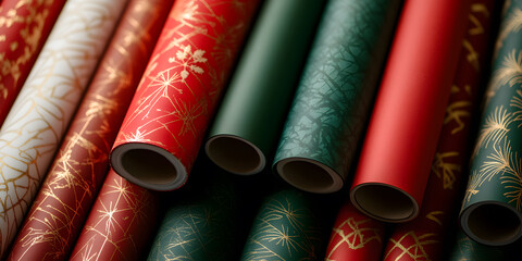 Assortment of decorative wrapping paper rolls in festive colors and patterns, ready for gift-wrapping.