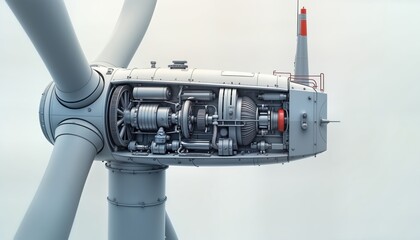 Detailed diagram of wind turbine internal components on white background. Modern tech renewable energy structure. Mechanical parts system design. Clean energy illustration. Educational schematic.