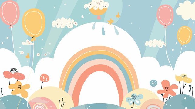 Colorful Children's Day Greeting Card with Rainbows and Balloons Cartoon Illustration