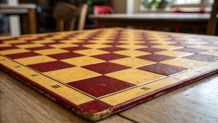 This is a close-up, slightly angled shot of a well-worn checkerboard surface