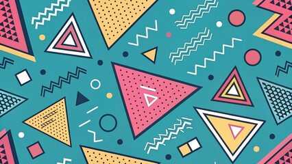 Obraz premium This is a vibrant and energetic image featuring a repeating pattern of various geometric shapes in a retro style.