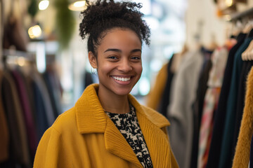 Fototapeta premium A smiling woman in a yellow coat stands in front of a rack of clothes