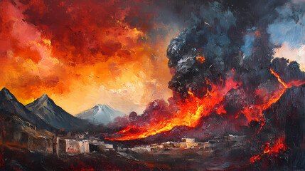 A volcano erupting with lava spewing into the air, ash clouds rising, village below in peril, oil painting, fiery colors and intense lighting. Fiery Volcano. Illustration