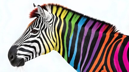 This is a whimsical and eye-catching image featuring a zebra with vibrant rainbow-colored stripes instead of the traditional black and white