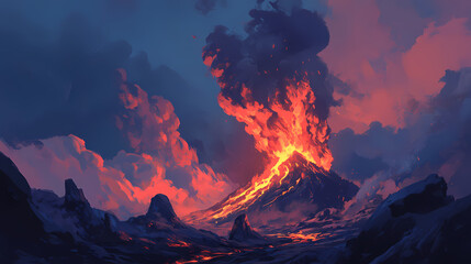 A volcano erupts, spewing molten lava and ash into the air, creating a fiery spectacle against a backdrop of a darkened sky. Fiery Volcano. Illustration