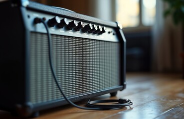 Close-up view of electric guitar amplifier with audio cable. Black amplifier with controls, speaker grille. Shallow depth of field highlights amplifier details. Music equipment. Pro sound system.