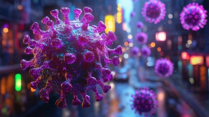 Microscopic virus particles floating over a blurred city background at night.