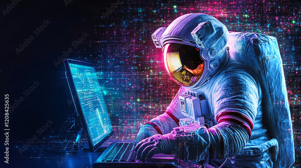 Poster astronaut engaged in high-tech tasks with advanced computer interface in outer space setting