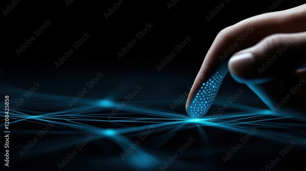 Poster a person gently touches a luminous blue surface, creating a captivating interaction between skin and