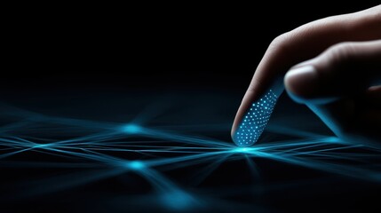 A person gently touches a luminous blue surface, creating a captivating interaction between skin and light in a darkened environment.