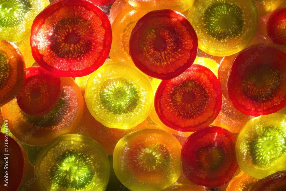 Poster colorful slices of fruit arranged in a vibrant display with backlighting