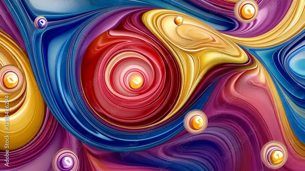 Poster vibrant abstract swirls with dynamic colors and orbs creating a fluid and captivating art piece