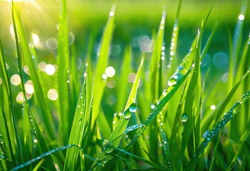Fototapeta premium vibrant close dew kissed green grass showcasing morning sparkle freshness radiant details, dewdrop, leaf, nature, plant, closeup, macro, garden, spring