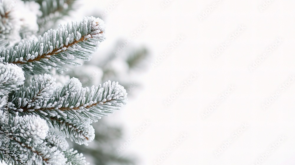 Poster isolated fir tree branch with frost on white background