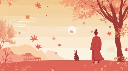 Fototapeta premium Mid Autumn Celebration with Chinese Man and Rabbit in Flat Vector Illustration