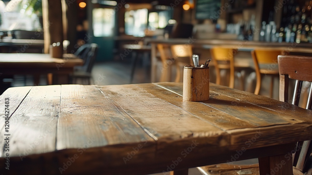 Aufkleber rustic wooden table in empty cafe space with charming atmosphere