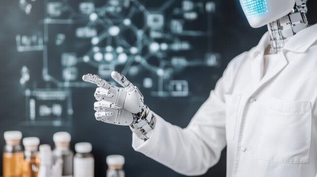 A humanoid robot in a lab coat gestures towards a blackboard filled with intricate chemical diagrams, showcasing advanced scientific concepts and research. - Powered by Adobe