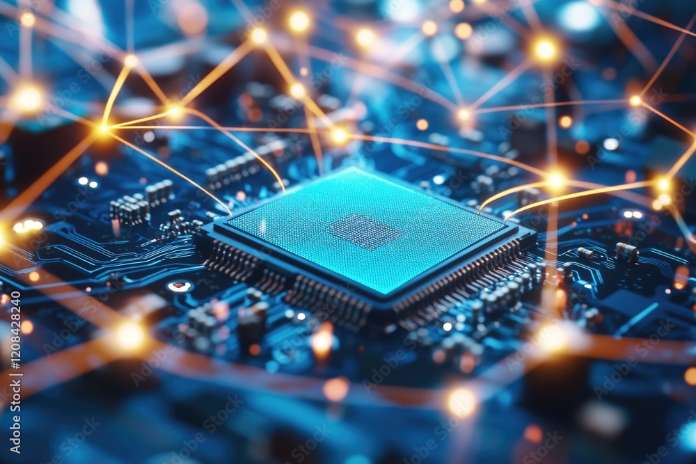 Poster a high-tech close-up shot of a computer chip on a circuit board, ideal for tech-related projects and