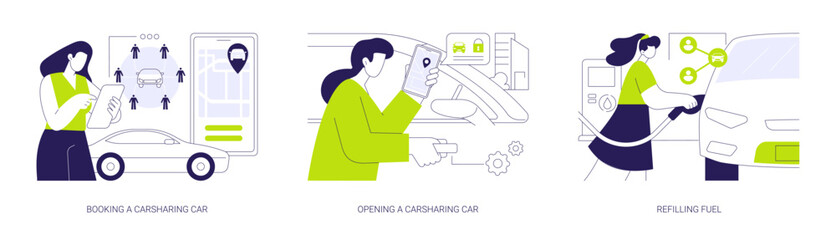 Carsharing service abstract concept vector illustrations.