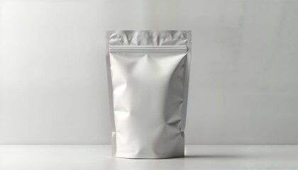 Blank white ziplock packaging bag mockup on gray background. Product packaging design template. Realistic illustration suitable for various products like snacks, food, personal care items. Versatile