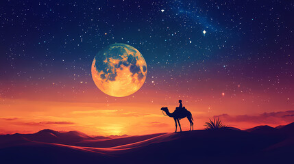 Silhouette of a child on a camel at sunset in a desert under a large moon and starry night sky. Starry Desert. Illustration