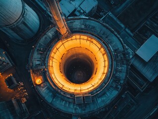 Obraz premium Industrial cooling tower illuminated at night from an aerial perspective