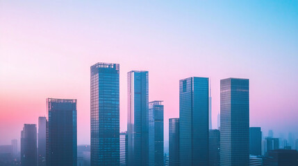 Fototapeta premium A tranquil minimalist city skyline at sunrise, showcasing geometric skyscrapers awash in gentle pastel tones, reflecting modern design and serene urban vibes.