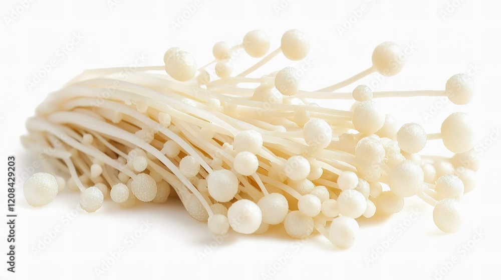 Poster delicate enoki mushrooms with detailed texture and soft color