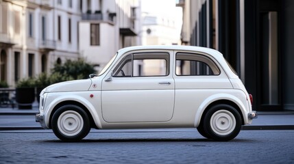 A small white car parked at the side of the road, a common urban scene