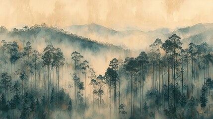 Misty mountain forest landscape at sunrise.