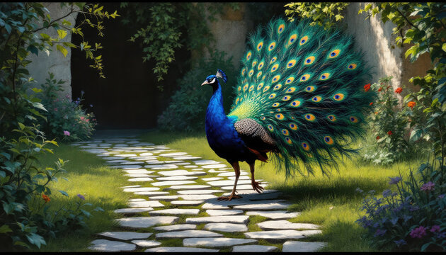 A wild peacock bird standing on a stone path. Peacocks, baby peacock wallpaper - Powered by Adobe