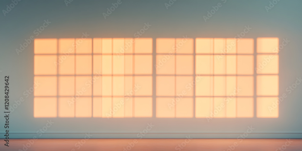 Poster warm sunlight streams through a large window, casting a grid-like pattern on a minimalist room's wal
