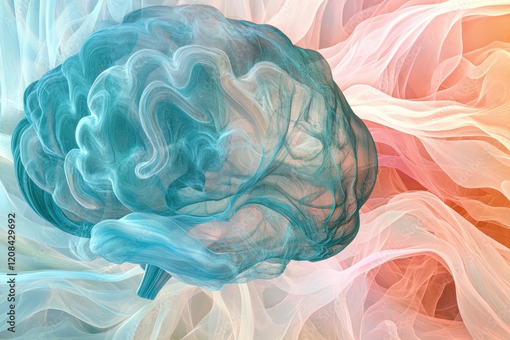 Poster abstract representation of a brain surrounded by colorful swirling patterns and textures