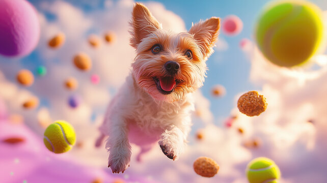 A hyper-realistic photograph of a dog floating in outer space surrounded by A world of tennis balls and lots of treats, colorful planets in the background, dreamlike, surreal, The sky is a blend of pa