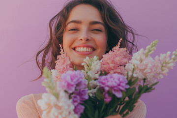 A woman is holding a bouquet of flowers and smiling