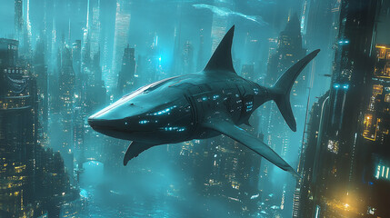 A massive cybernetic shark gliding through an underwater futuristic city, its glowing blue lights illuminating the high-tech aquatic environment.