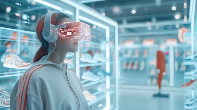 Futuristic shopping experience – woman interacting with virtual reality in high-tech sportswear store surrounded by neon-lit sneakers and digital displays