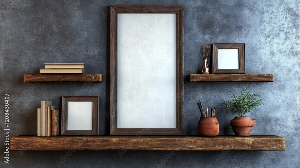 Poster display of a blank horizontal poster mockup in a wooden frame resting on a stylish shelf against a t
